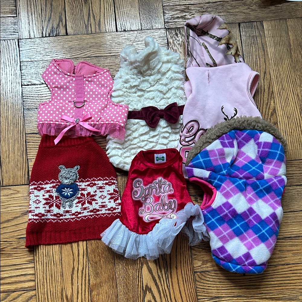 Six XS Dog Sweaters and Outfits Like new